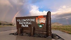 Yellowstone National Park entrance viewed from a guided tour